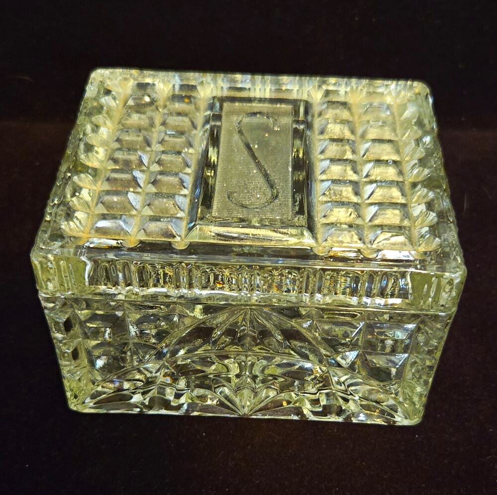 Vtg Cut Glass Rectangle Cigarette Box Lid Monogram Initial S Trinket Candy Dish